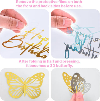 Crown Cake Topper, Balls Happy Birthday Cake Topper Pink Crown Birthday Candles Gold Butterflies, Corona Para Pastel, Cake Decorations for Birthday Wedding (Gold, Pink)