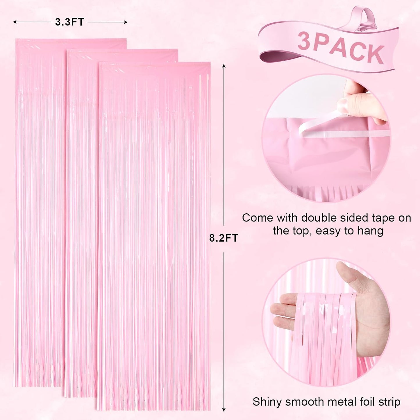 Voircoloria 3 Pack 3.3x8.2 Feet Gold Foil Fringe Backdrop Curtains, Tinsel Streamers, Fringe Backdrop for 2025 New Years Eve, Graduation, Birthday, Baby Shower, Gender Reveal, Disco Party - Colors B