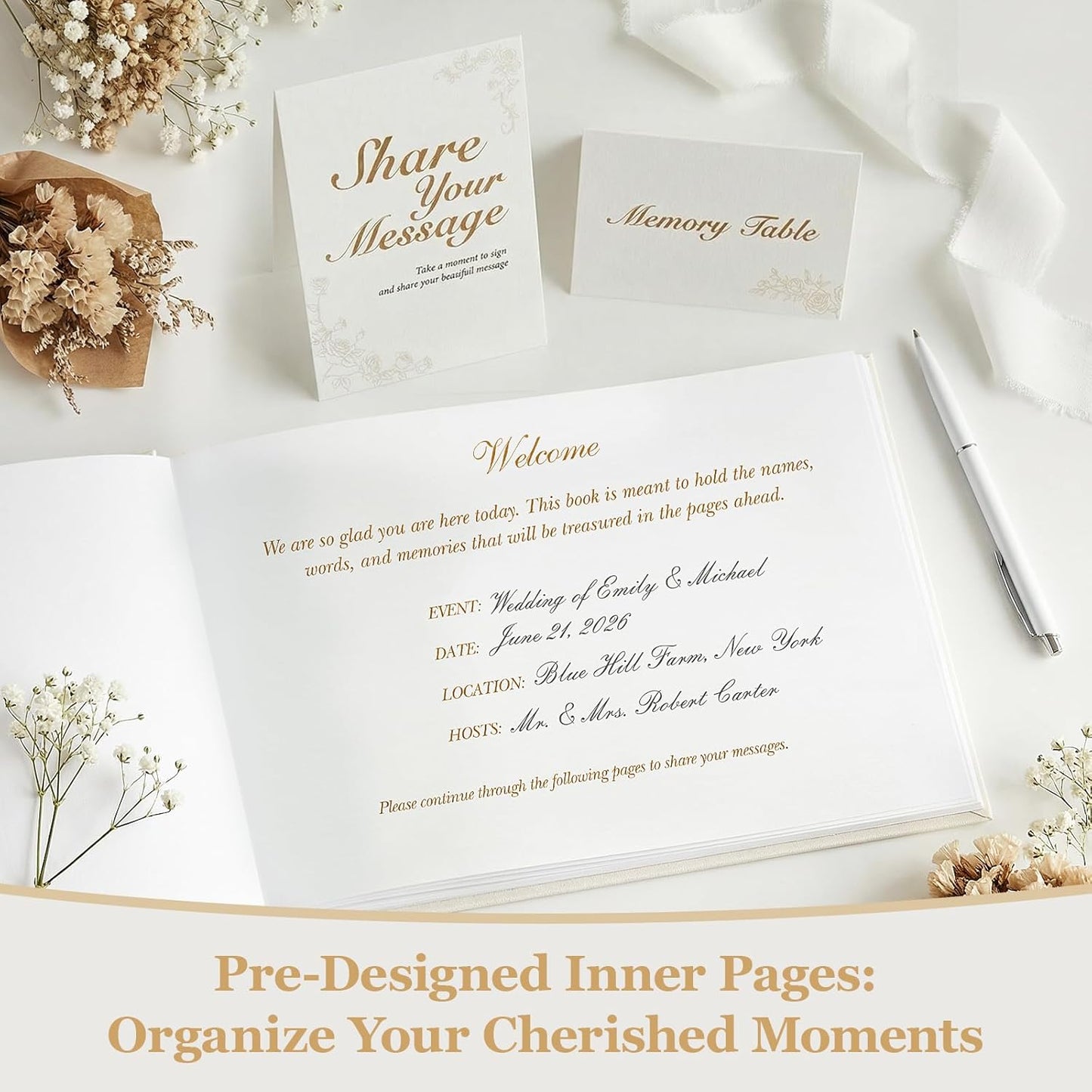 Guest Book for All Occasions – White Hardcover with Gold Foil, 120 Acid-Free Blank Pages, Includes Table Sign & Welcome Card | 8.66x6.69 Sign-in Book for Wedding, Party & Memorial
