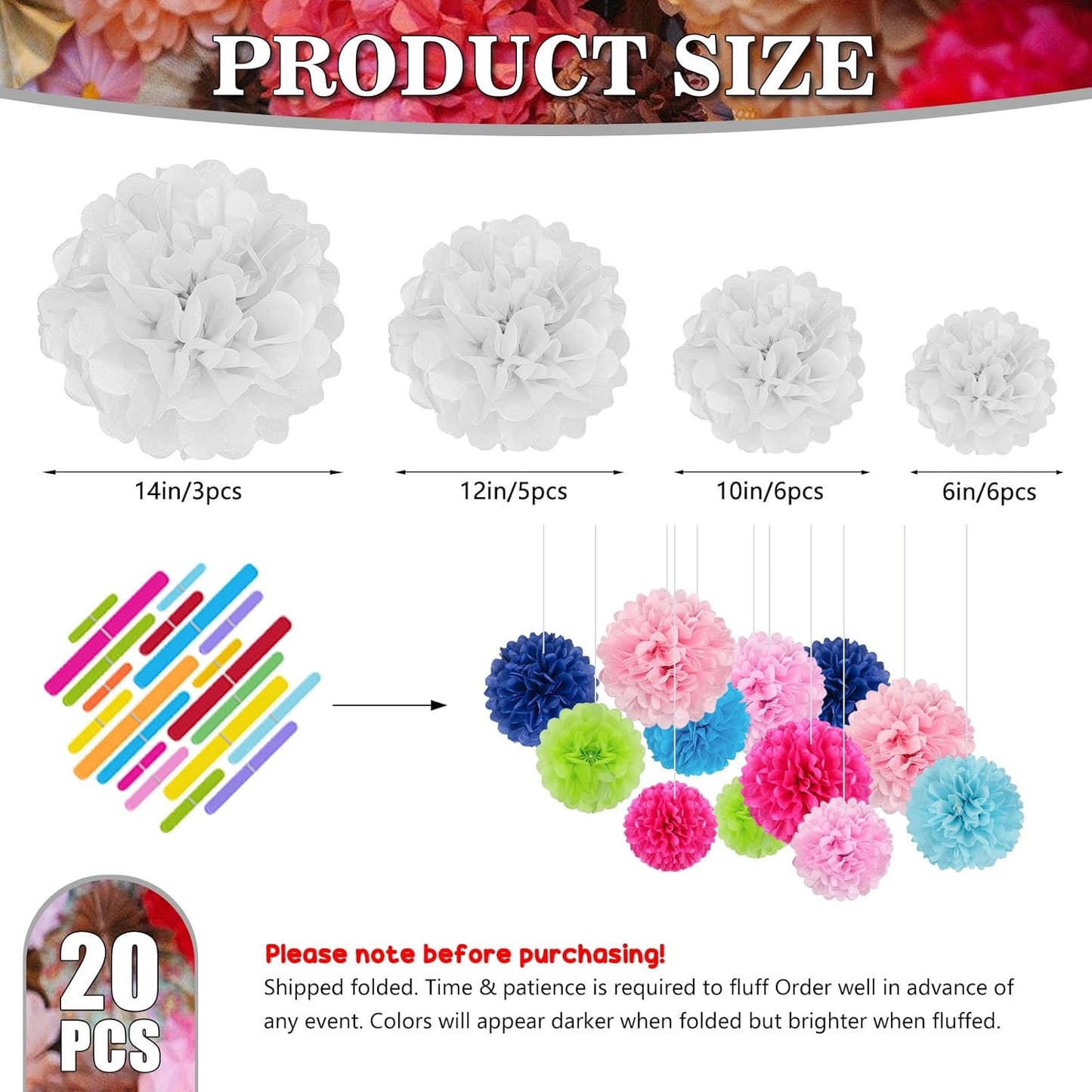 Tissue Paper Pom Poms, Pink Tissue Paper Flowers, Hanging Flower Balls for Weddings Fiesta Parties Birthday Baby Showers Classroom Bridal Shower Decoration (18Piece Set-6/10/12/14Inch)