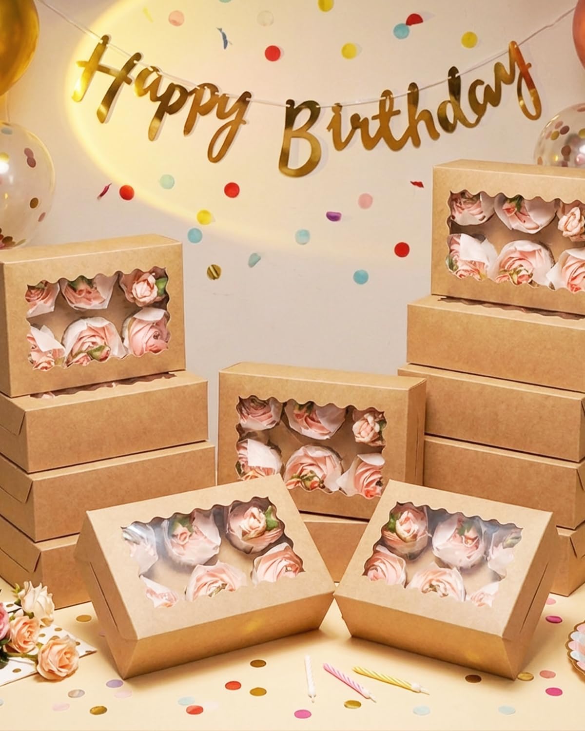 qiqee Auto-pop Up Cupcake Boxes with Window White 40PCS 12 Count Cupcake Box 13"x10"x3.5" Cupcakes Carrier, 12 Cupcake Containers with 2 rolls of pink ribbons