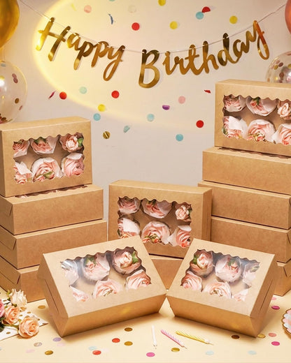 qiqee Auto-pop Up Cupcake Boxes with Window White 40PCS 12 Count Cupcake Box 13"x10"x3.5" Cupcakes Carrier, 12 Cupcake Containers with 2 rolls of pink ribbons