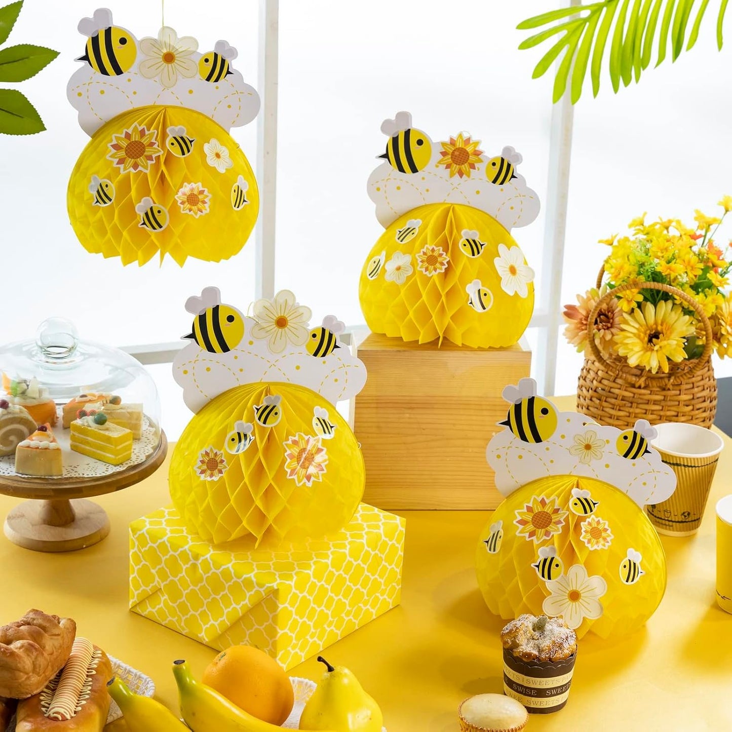 SUNBEAUTY 4PCS Honey Bee Honeycomb Centerpieces Decorations Yellow Bee Honeycomb Table Centerpieces with Sunflower Stickers for Baby Shower Birthday Gender Reveal Birthday Decoration