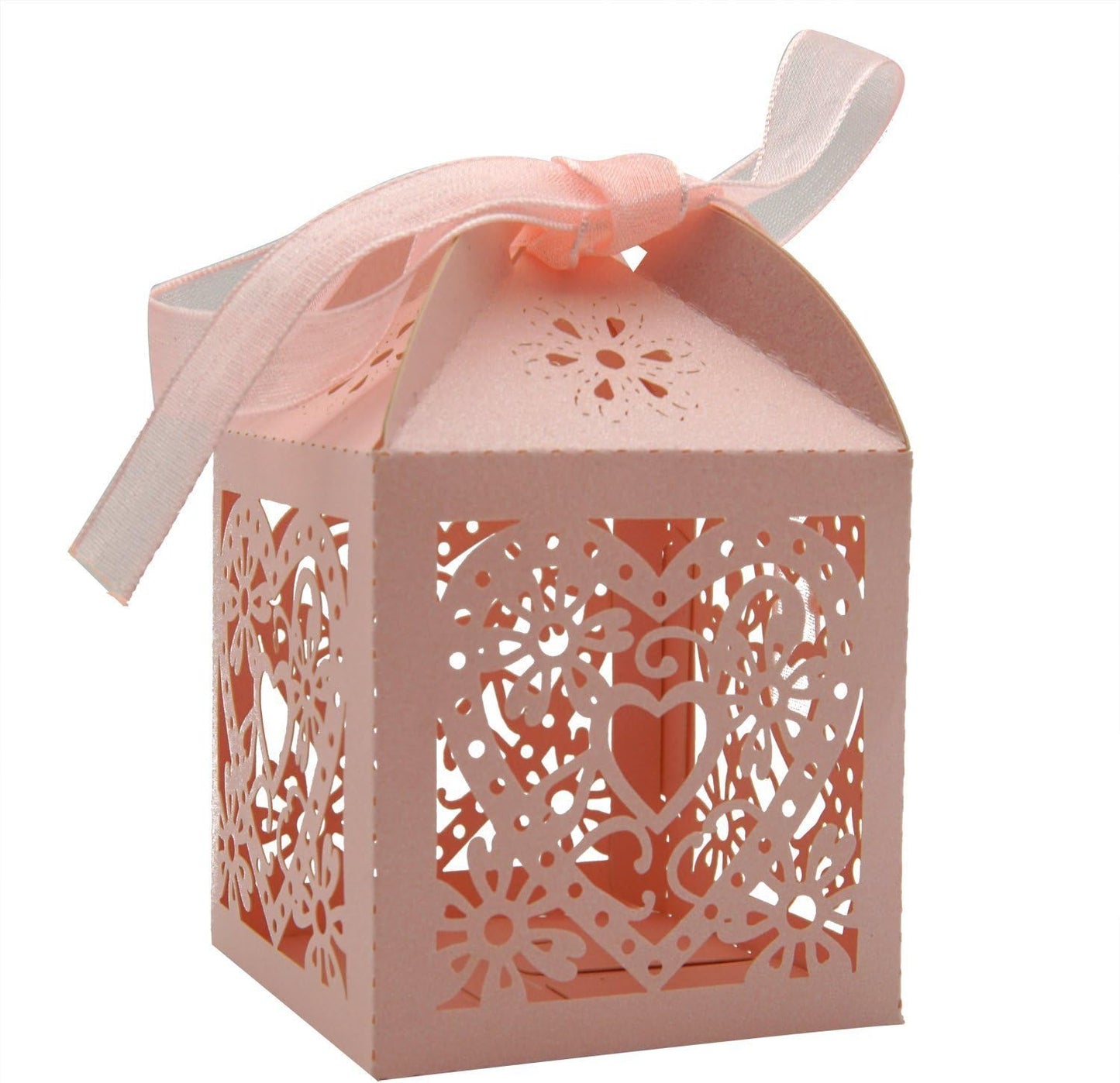 KPOSIYA 100 Pack Love Heart Laser Cut Wedding Party Favor Box Candy Bag Chocolate Gift Boxes Bridal Birthday Shower Bomboniere with Ribbons
