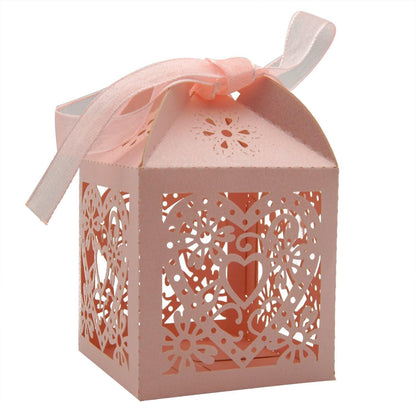 KPOSIYA 100 Pack Love Heart Laser Cut Wedding Party Favor Box Candy Bag Chocolate Gift Boxes Bridal Birthday Shower Bomboniere with Ribbons