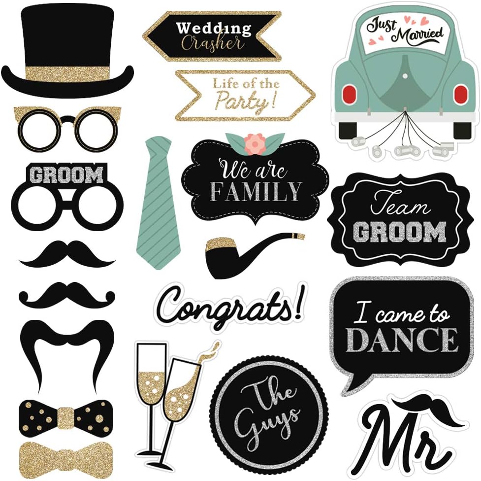 Fully Assembled Wedding Photo Booth Props - Set of 40 - Gold, Pink, Teal, & Silver Selfie Signs - Wedding Party Supplies & Decorations - Cute Designs with Real Glitter - Did We Mention No DIY