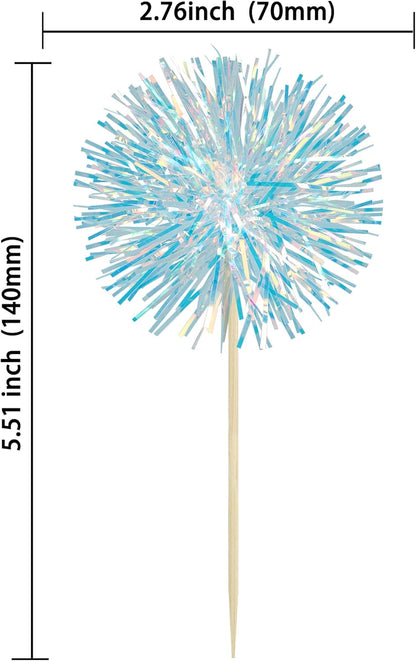 Ephlyn 30Pcs Foil Firework Cupcake Toppers Sparkle Tinsel Cupcake Picks Drink Stirrers Cocktail Food Fruit Toothpicks for Baby Shower Graduation Party Supplies White