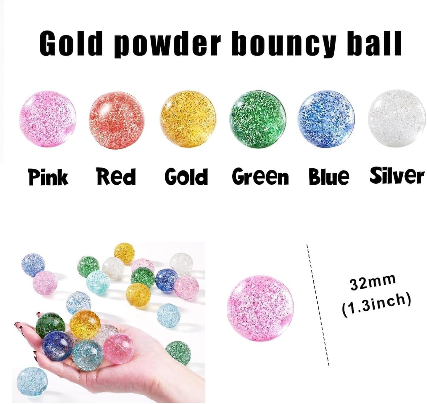 24 Pcs Glitter Bouncy Balls for Kids, 32mm 6 Colors Rubber Bounce Balls Bulk for Party Favors, Goodie Bag Fillers, Easter Gift Bag Stuffers, Basket Stuffers, Classroom Prizes