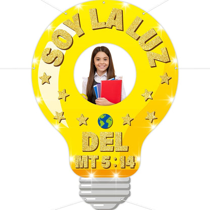 79×55inch VBS 2026 Christian Religious Party Decors Light Bulb Shaped Photo Prop Selfie Frame Large Bible Verse Background Backdrop Banner Lightbulb Photo Booth Props for Sunday School Church Supplies