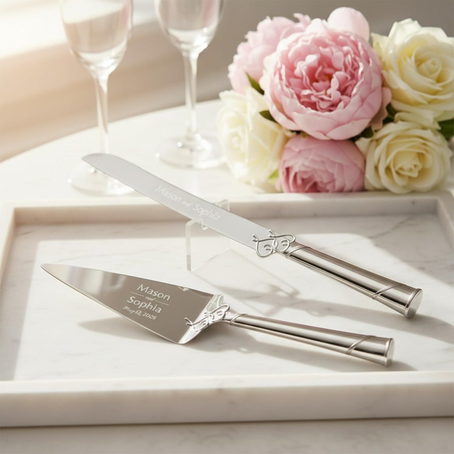 Lenox True Love Silver Personalized Wedding Cake Cutting Set, Engraved Wedding Cake Knife and Server, Wedding Cake Cutter
