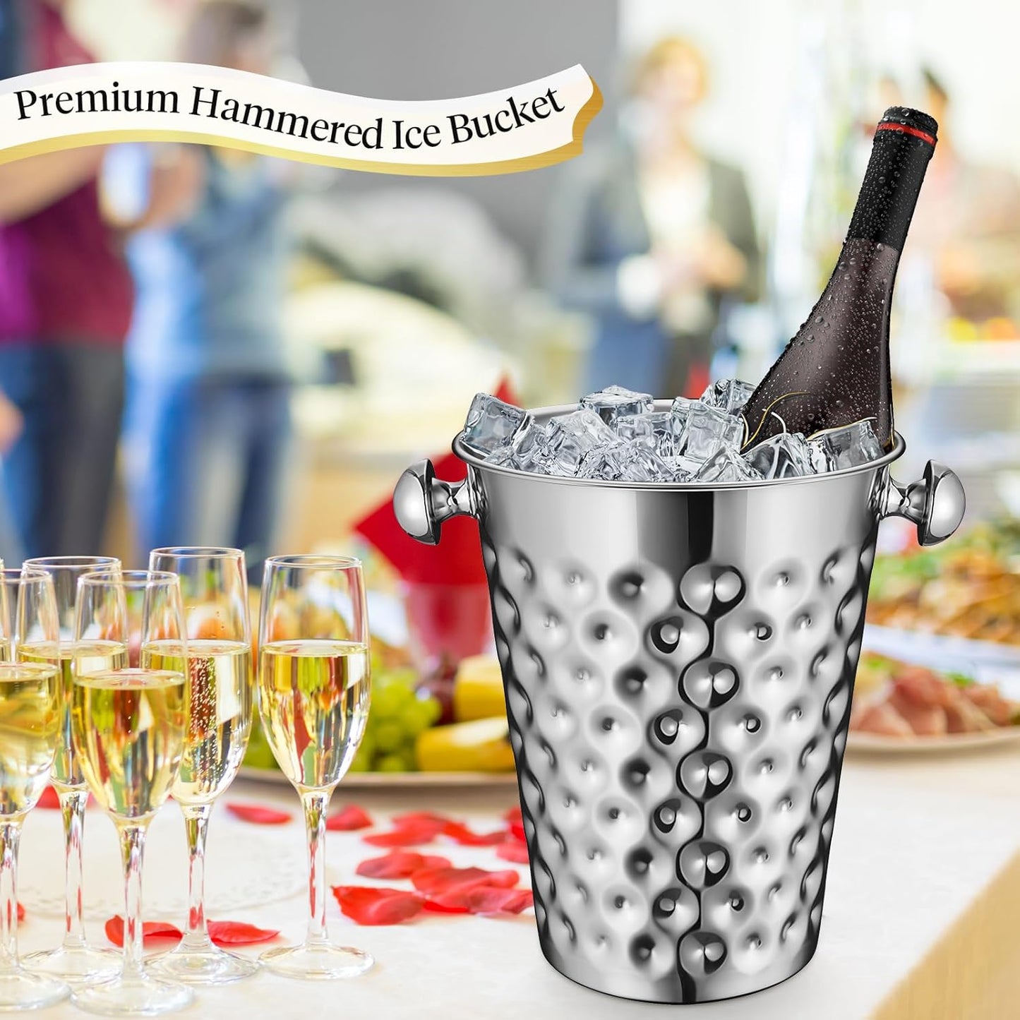 MorningRo 2 Pcs 5 Quart Black Champagne Ice Bucket 4.7 L Metal Doublewall Hammered Stainless Steel Wine Beer Chiller Home Bar Accessories for Football Sports Wedding Party Summer BBQ (Beveled Mouth)