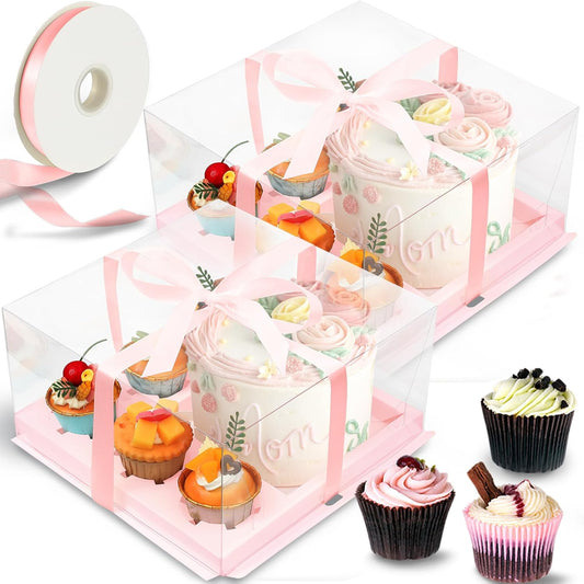 Sayglossy 2 Pack 1+5 Bento Cake Boxes with Cupcakes Clear Bento Cakes and Cupcake Box Combo Fit 5 Cupcakes and 1 Mini Cake for Mothers Day Wedding Birthday Treats Donuts Muffins Bakery (White)