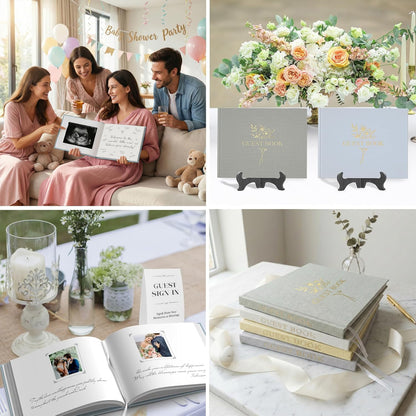 Wedding Guest Book for Memorial Service with 216 Photo Corners Stickers, Linen Guestbook to Sign at Bridal Shower or Wedding Reception Party,100 Pages, Blank Thick Paper Books for Baby Shower- Sage