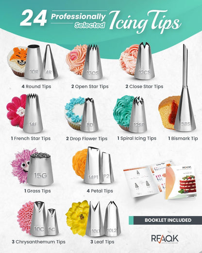 RFAQK 90PCs Cake Decorating Kit with Leveler, Baking Supplies Gift Includes Cake Stand Turntable, 24 Numbered Icing Tips, 55+1 Piping Bags, 2 Frosting Spatulas, 3 Scrappers, Video Course & Booklet