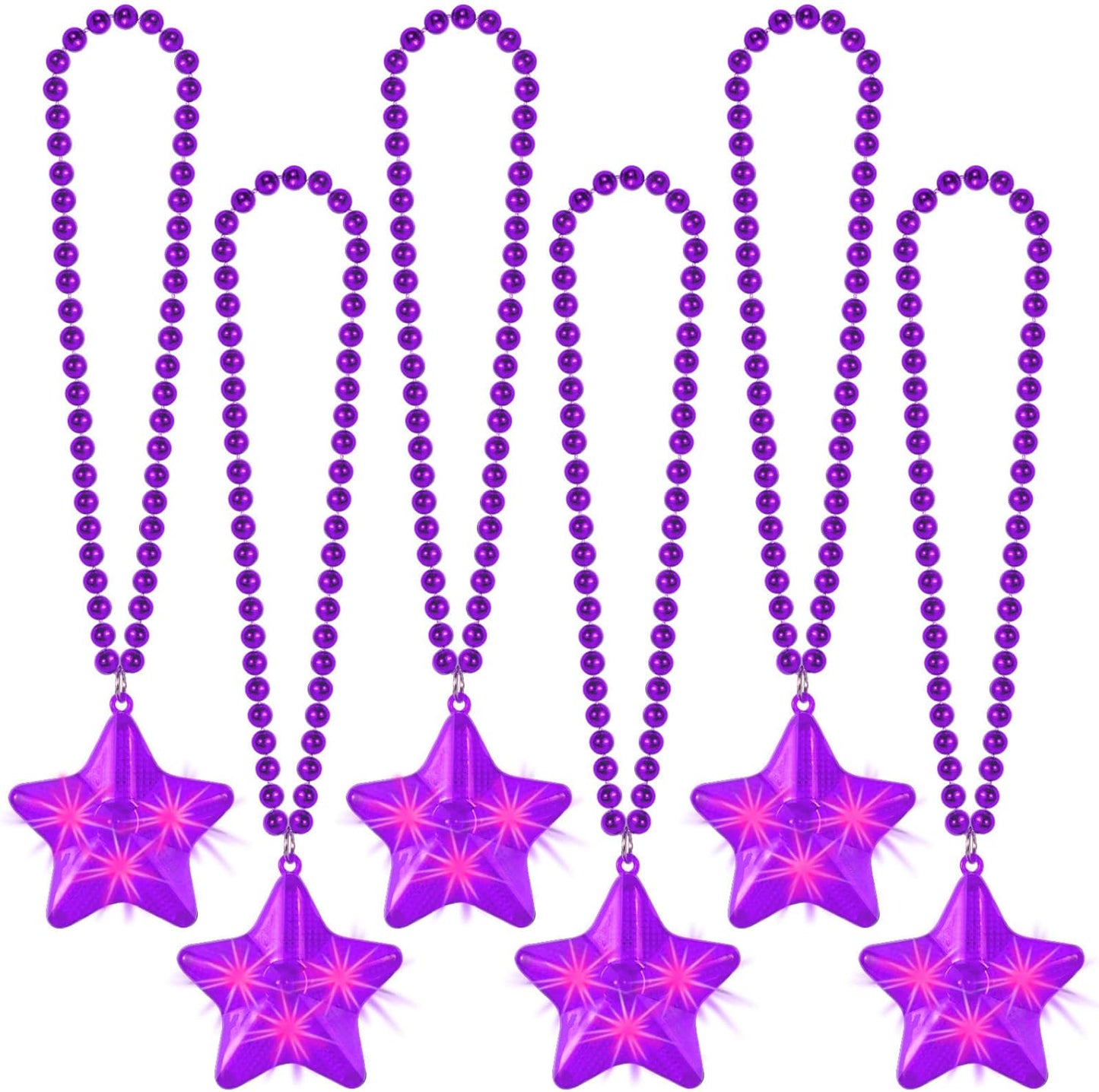 6 Pack Clear LED Glow Star Necklace Bulk Beaded Necklaces for Halloween Christmas Decorations Mardi Gras Party Favors