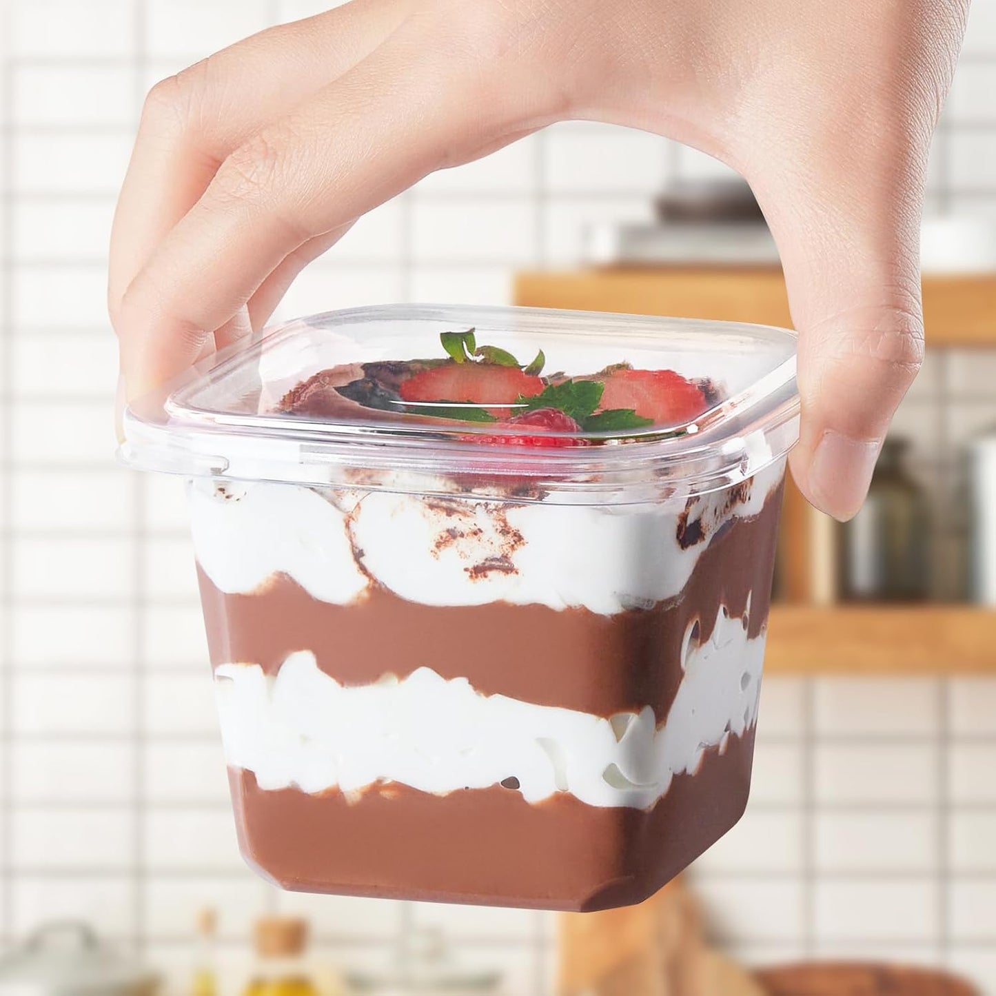 Kucoele 50 Pack 8 oz Plastic Dessert Cups with Lids and Sporks, Clear Square Cake Cups Dessert Containers for Pudding Parfait Fruit Yogurt and Shortcake