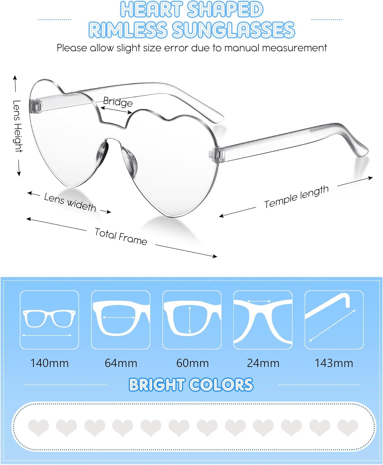 Photect 12 Pair Heart Shaped Sunglasses Neon Color Transparent Heart Glasses for Women Party Favor