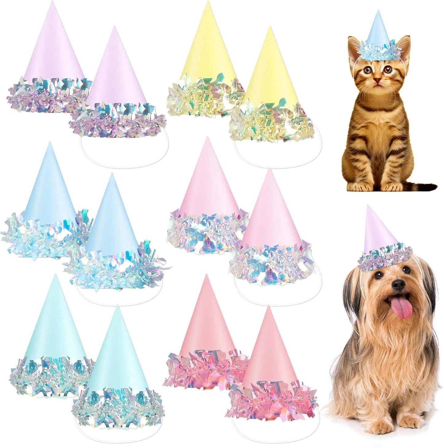 24 Pcs Iridescent Foil Pastel Mini Party Hats for Dog Cat Birthday Party Supplies Pastel Rainbow Small Puppy Birthday Hats Colorful Paper Cone Caps for Dolls Animals Pets Grooming Costume Accessories