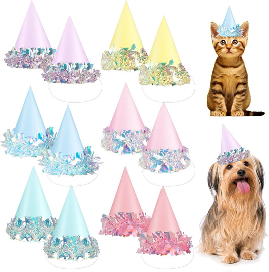 24 Pcs Iridescent Foil Pastel Mini Party Hats for Dog Cat Birthday Party Supplies Pastel Rainbow Small Puppy Birthday Hats Colorful Paper Cone Caps for Dolls Animals Pets Grooming Costume Accessories