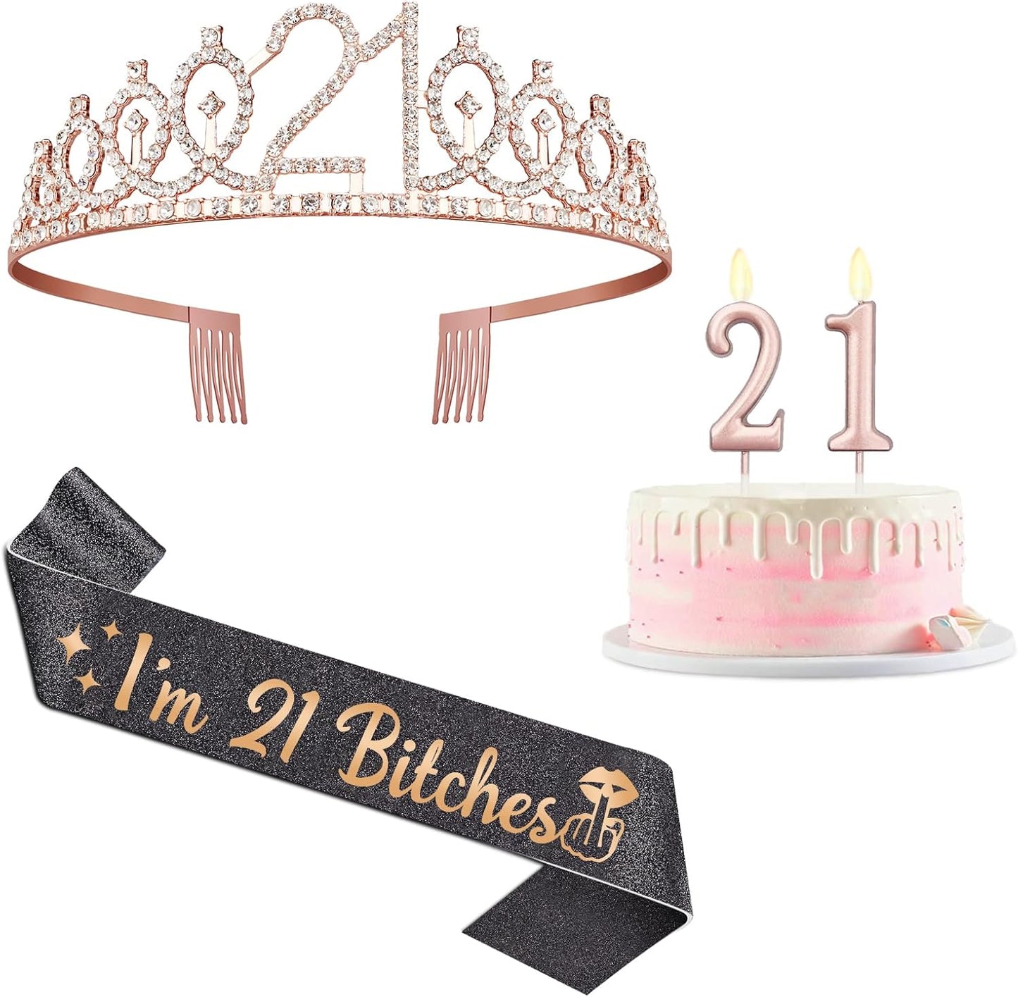 21st Birthday Decorations for Her with 21st Birthday Sash and Crown, Candles Gold, Gifts for 21 Year Old Girls