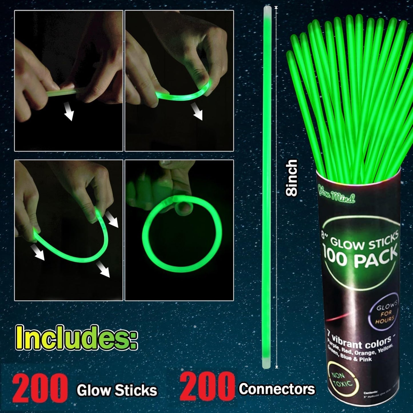 200 Pcs Red Glow Sticks Bracelet Necklaces Bulk Glow in The Dark Party Supplies 8” Light Up Stick with Connectors for Christmas Valentine's Day Easter 4th of July Party Favors Birthday Carnival