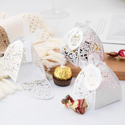 AdasBridal 50Pcs Small Gift Boxes for Party Favors, Laser Cut Candy Boxes Wedding Favor with Thank You Card Ribbons for Bridal Baby Shower Wedding Decorations (White, 2.36")