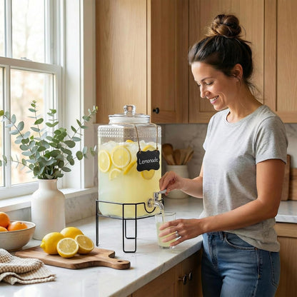 2 Gallon Glass Drink Dispenser, Drink Dispensers for Parties, Beverage Dispenser with Stand and Glass Lid, 100% Leakproof Spigot, Ideal for Lemonade, Juice, Laundry Detergent Dispenser