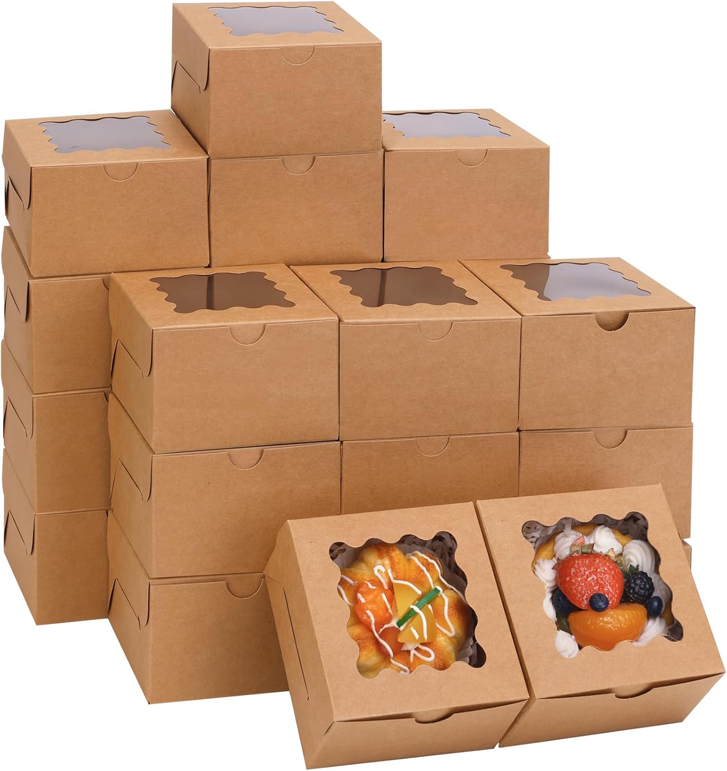 Moretoes 120pcs White Bakery Boxes, 4x4x2.5 Inch Cookie Boxes with Window for Small Cake, Treats, Donuts, Candy