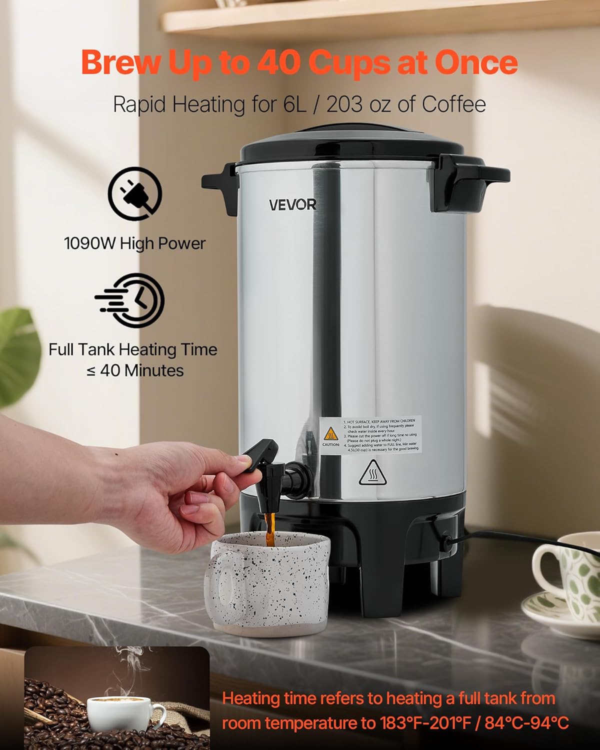 VEVOR Commercial Coffee Urn, 60 Cup 9 L Hot Beverage Dispenser with Dripless Faucet, Quick-Brewing Stainless Steel Large Commercial Coffee Maker, for Catering, Business, Party, Church & Restaurant