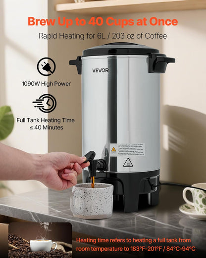 VEVOR Commercial Coffee Urn, 60 Cup 9 L Hot Beverage Dispenser with Dripless Faucet, Quick-Brewing Stainless Steel Large Commercial Coffee Maker, for Catering, Business, Party, Church & Restaurant