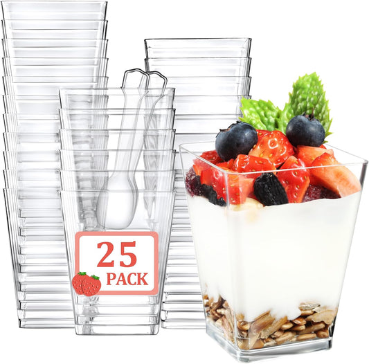 Eupako 100 Pack 5 oz Square Clear Plastic Dessert Cups with Spoons Small Clear Plastic Tumbler Cups Great for Desserts, Appetizers, Puddings, Mousse, Parfait