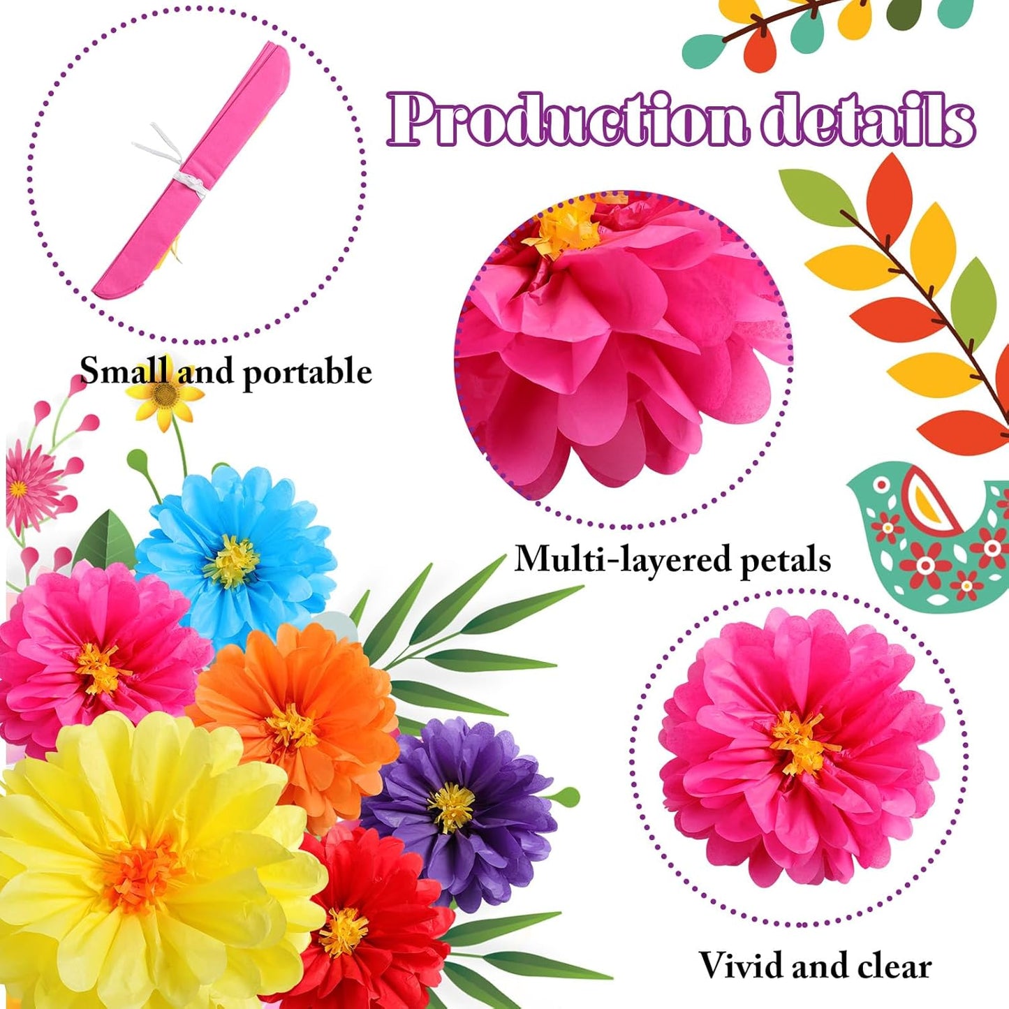 Watersay 12 Pcs 10" 20" Giant Mexican Fiesta Paper Flowers Colorful Tissue Crepe Flowers Pom Poms Craft for Floral Party Backdrop Wedding Birthday Party (Dusty Color)