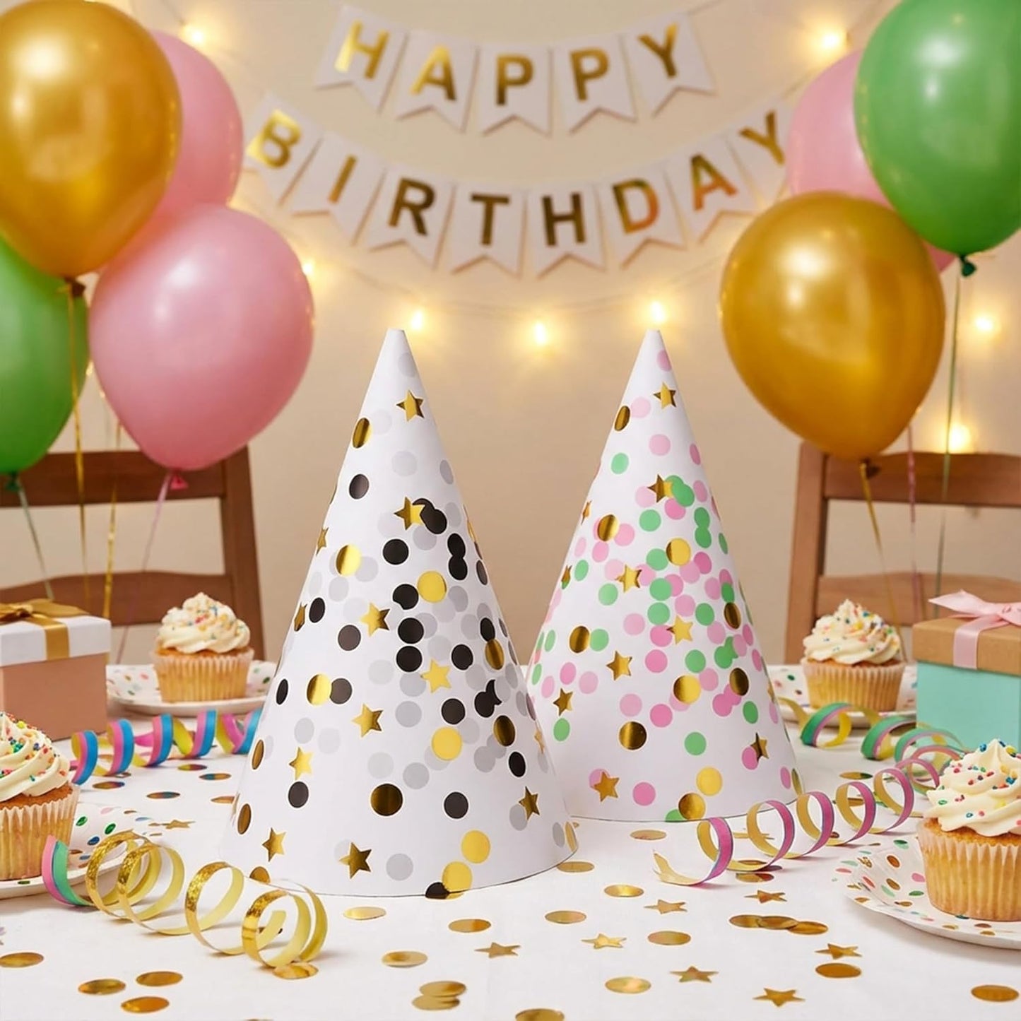 Boieo Party Hats Birthday Cone Hat for Adults Kids Gold Polka Dot Paper with Elastic String 12 pcs
