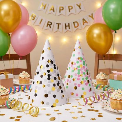 Boieo Party Hats Birthday Cone Hat for Adults Kids Gold Polka Dot Paper with Elastic String 12 pcs