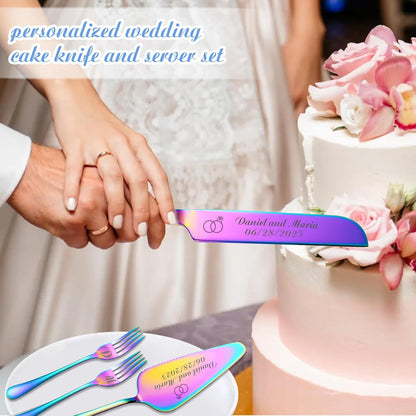 Personalized Wedding Cake Knife and Server Set, Wedding Gold Cake Cutting Set with Stainless Steel Forks, Customized Bridal Anniversary Birthday Wedding Registry Gifts for Couple (Non-customized)