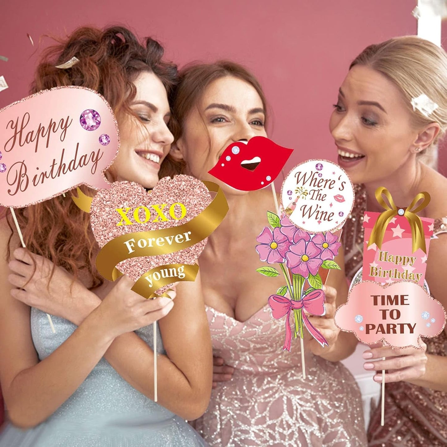 33PCS Glitter Birthday Photo Booth Props, LMSHOWOWO Rose Gold Party Photobooth Props Fun Selfie Props with Lips, Crowns, Flowers, Lipsticks for All Ages Girls Women Birthday Decorations
