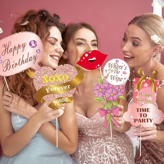 33PCS Glitter Birthday Photo Booth Props, LMSHOWOWO Rose Gold Party Photobooth Props Fun Selfie Props with Lips, Crowns, Flowers, Lipsticks for All Ages Girls Women Birthday Decorations