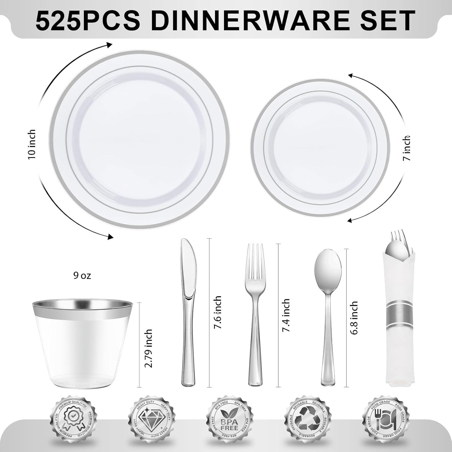 BESTVIP 350PCS Gold Plastic Dinnerware Set, Disposable Party Plates for 50 Guests, Include: 100 Plastic Plates, 50 Pre Rolled Napkins with Gold Silverware, 50 Cups