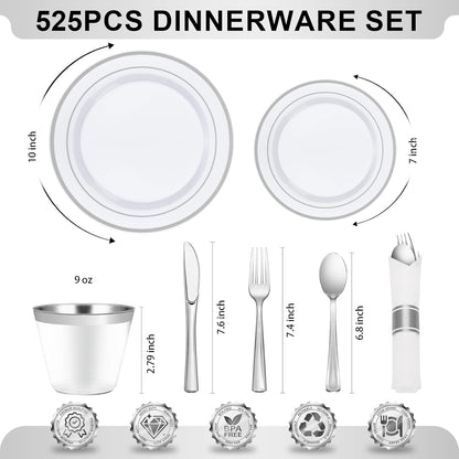 BESTVIP 350PCS Gold Plastic Dinnerware Set, Disposable Party Plates for 50 Guests, Include: 100 Plastic Plates, 50 Pre Rolled Napkins with Gold Silverware, 50 Cups