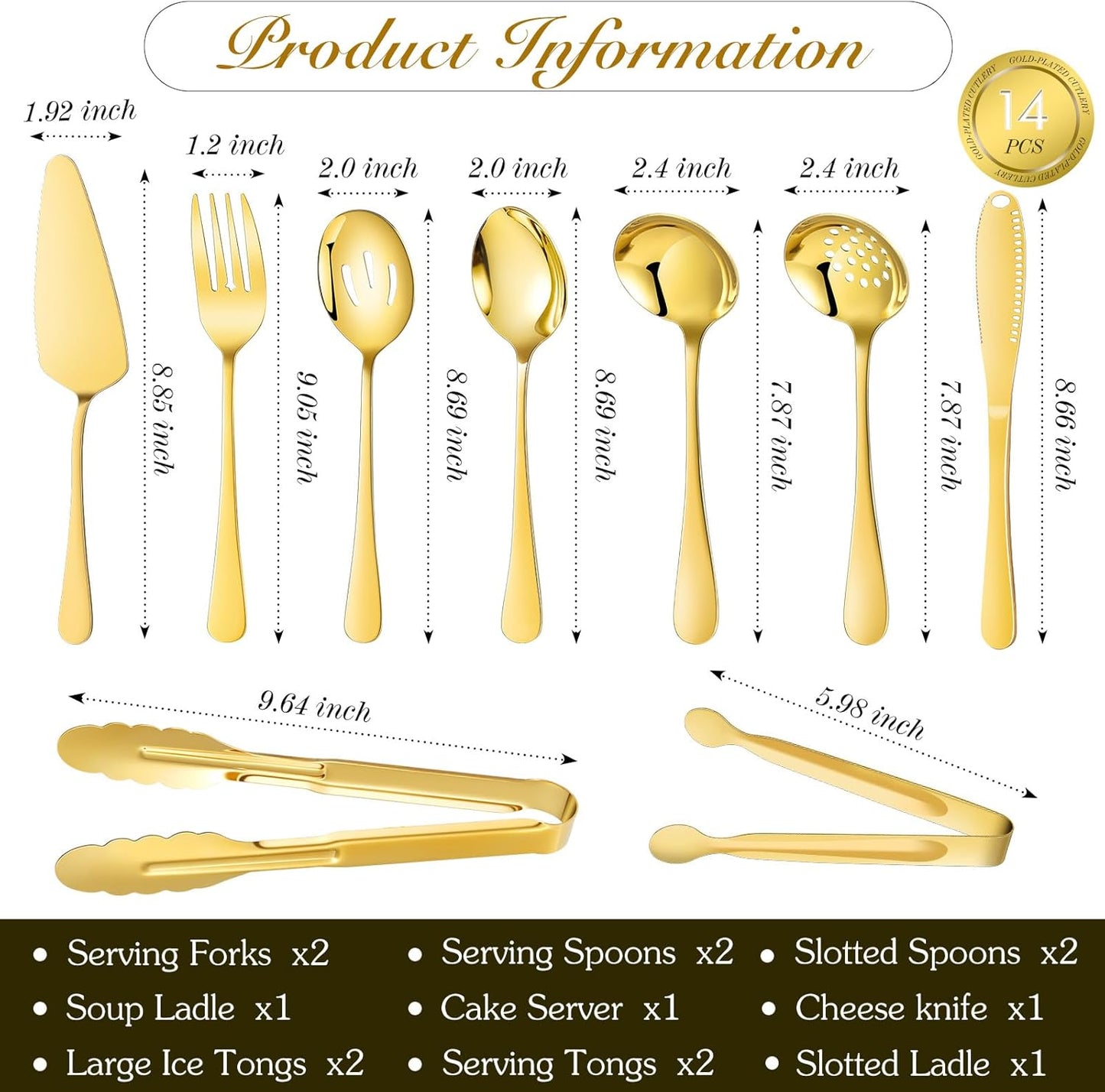 Mwellewm 17Pcs Serving Utensils, Gold Stainless Steel Serving Spoons, Slotted Spoon, Fork, Tongs, Cake Pie Server, Soup Spoon, Metal Buffet Banquet Cutlery Set for Parties Entertaining Catering