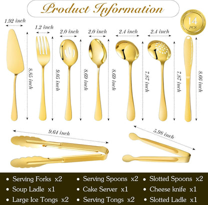 Mwellewm 17Pcs Serving Utensils, Gold Stainless Steel Serving Spoons, Slotted Spoon, Fork, Tongs, Cake Pie Server, Soup Spoon, Metal Buffet Banquet Cutlery Set for Parties Entertaining Catering