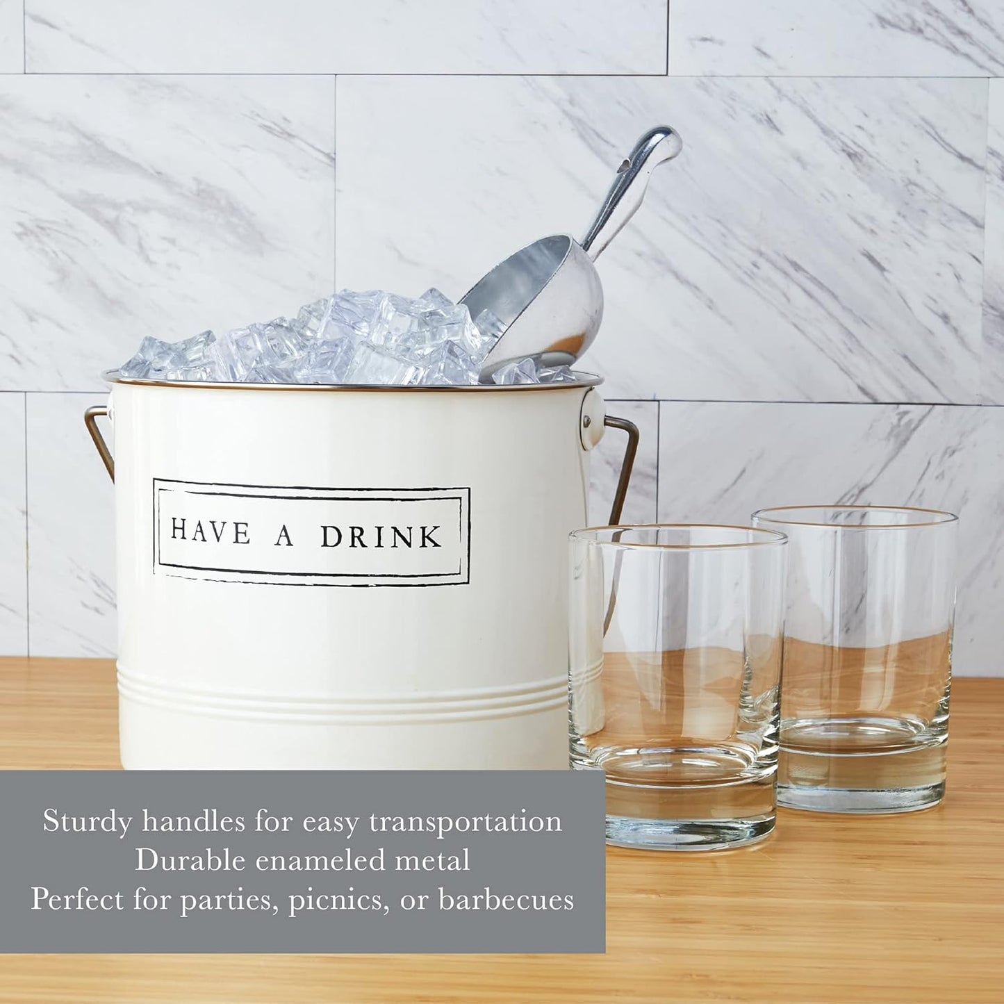 Twine Farmhouse Ice Bucket with Scoop - Beverage Tub Wrapped with Rope for Parties - Galvanized Metal Bucket Cooler & Drink Tub Holds 1 Gallon