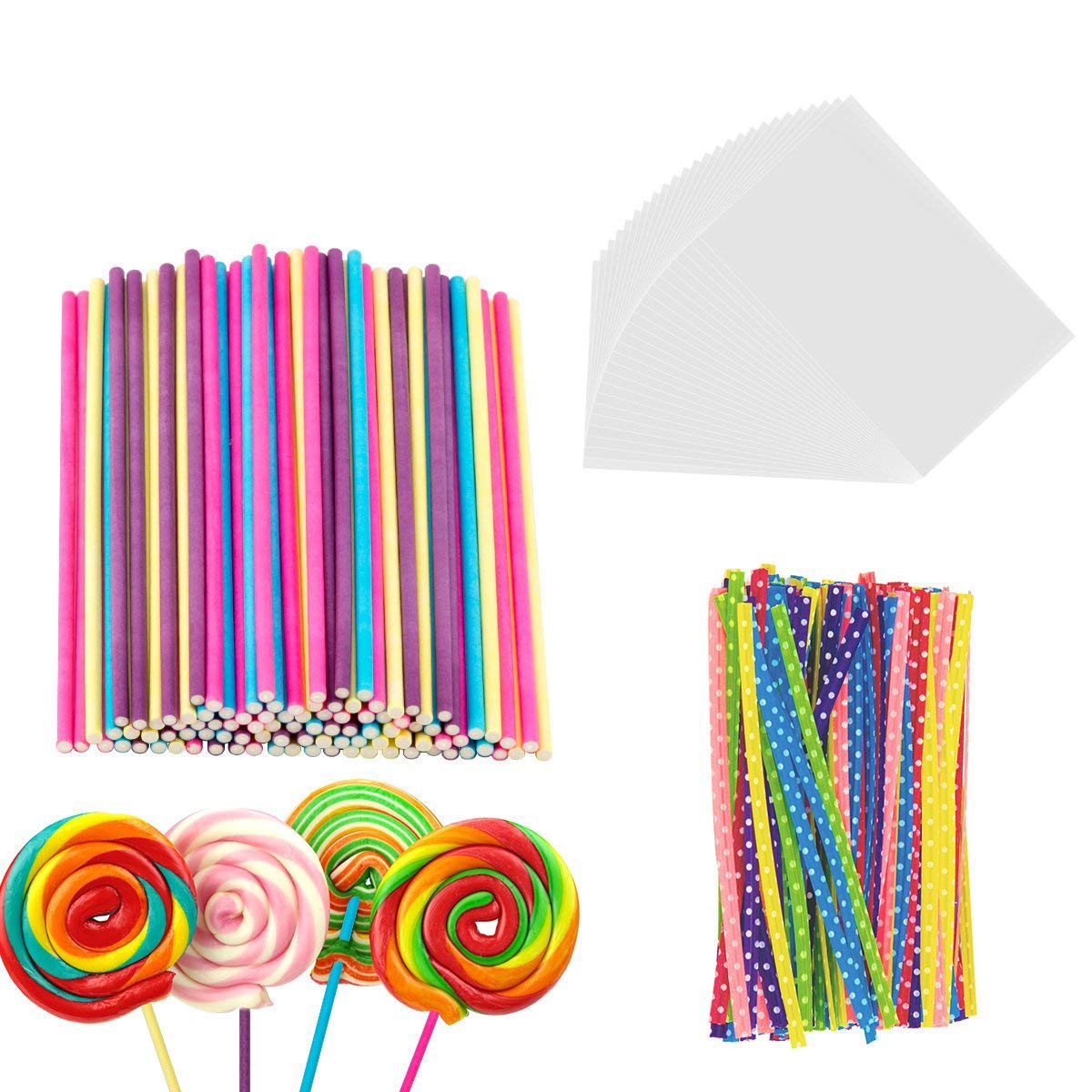 BEFORYOU 6 Inch Cake Pop Sticks Set Pack of 300, Each of 100 Pieces Parcel Bags, Colorful Treat Sticks, Colorful Metallic Wire for Lollipops Candies Chocolates and Cookies
