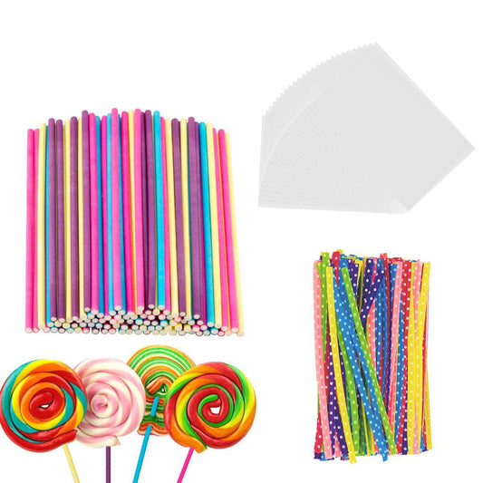 BEFORYOU 6 Inch Cake Pop Sticks Set Pack of 300, Each of 100 Pieces Parcel Bags, Colorful Treat Sticks, Colorful Metallic Wire for Lollipops Candies Chocolates and Cookies