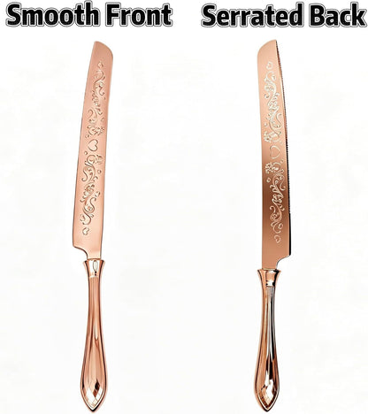 KSENDALO Wedding Cake Knife and Server Set, Rose Gold Serrated Knife Cake Cutting Set, Deluxe SUS304 Stainless Steel for Weddings, Birthdays & Anniversary (13.78inch Long)