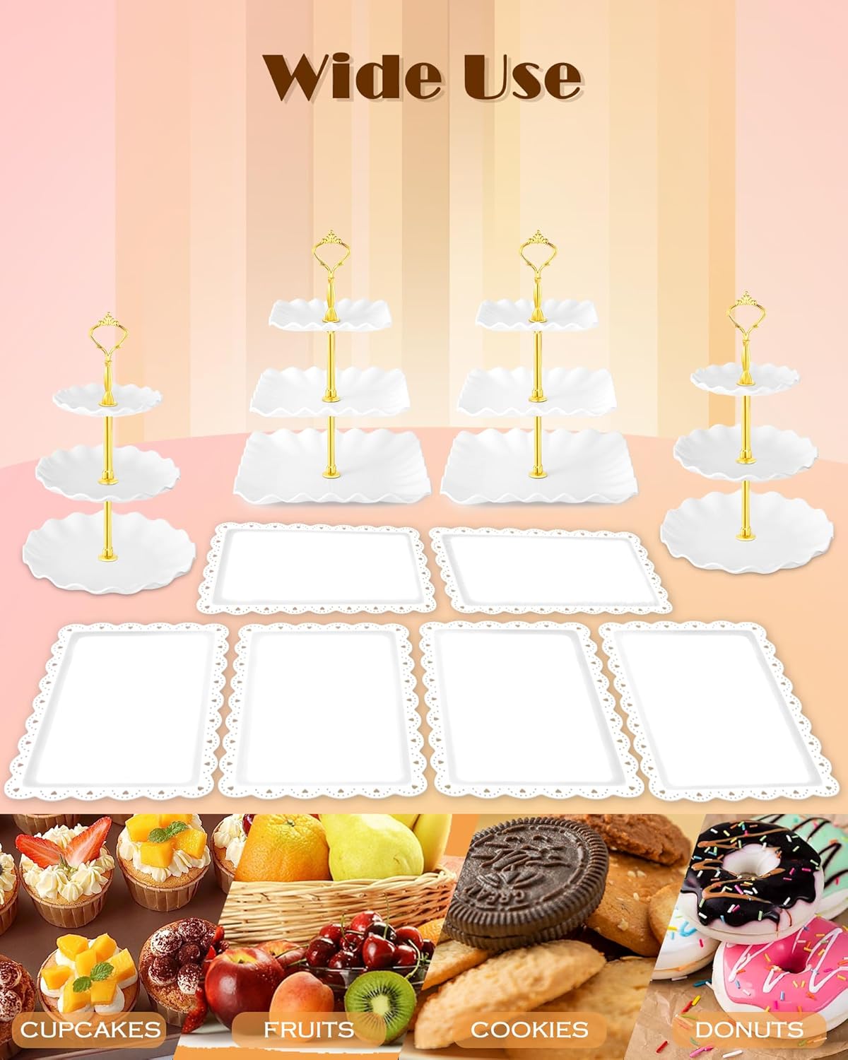 Hoedia 10 Pcs Cake Stand, Plastic Dessert Table Display Set, 4 Pcs 3 Tier Cupcake Stand Tower Holder and 6 Pcs Serving Tray for Tea Party Baby Shower Decorations
