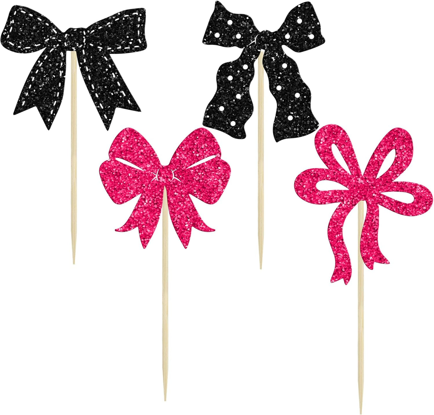 Ephlyn 24Pcs Pink Bow Cupcake Toppers Bow Birthday Cake Topper Girls Birthday Party Decorations Bowknot Cupcake Decorations for Bridal Wedding Themed Party Multi