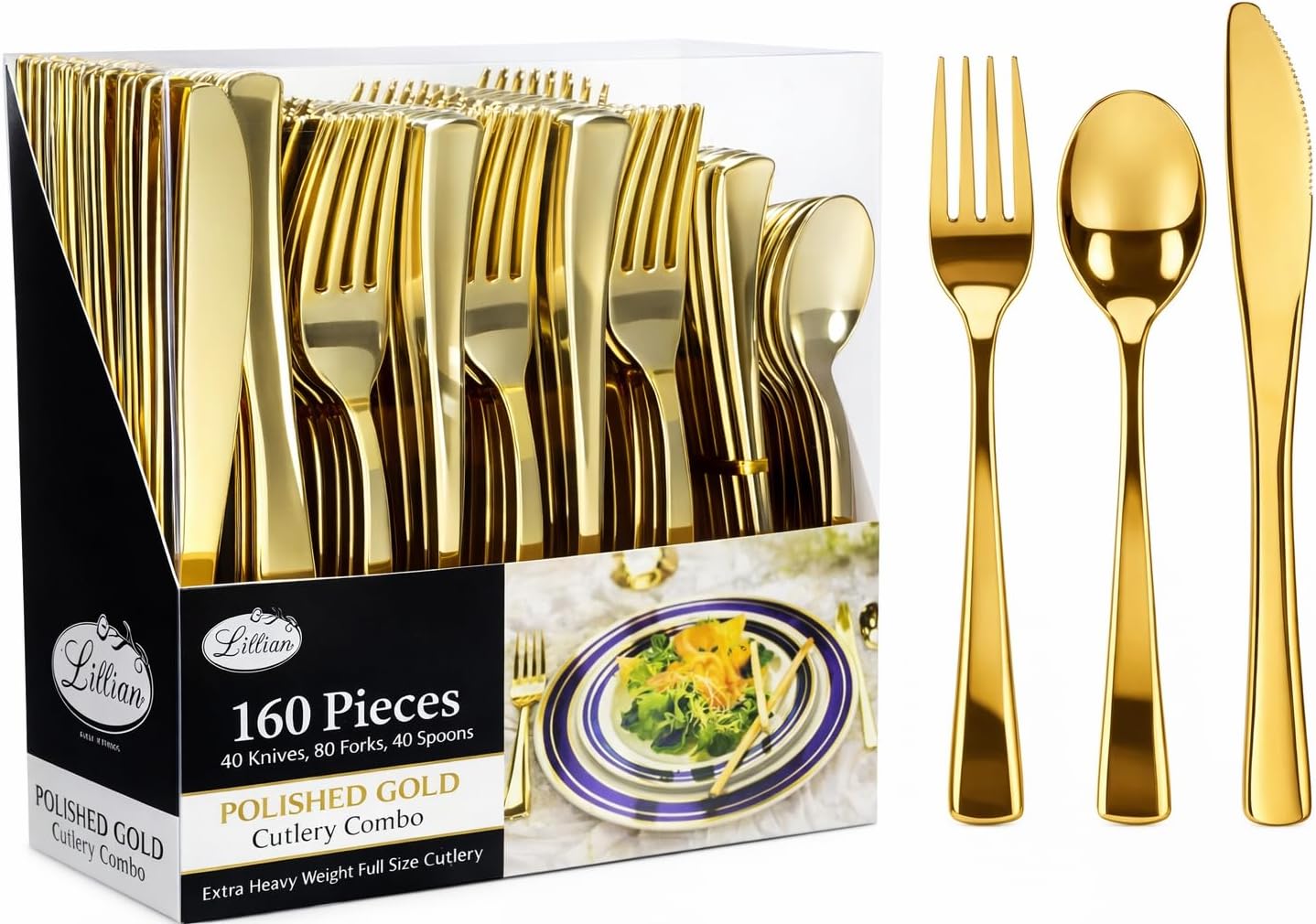 Plastic Cutlery Silverware Extra Heavyweight Disposable Flatware, Full Size Cutlery Combo, Polished Silver, 80 Forks, 40 Spoons, 40 Knifes, Value Pack 160 Count