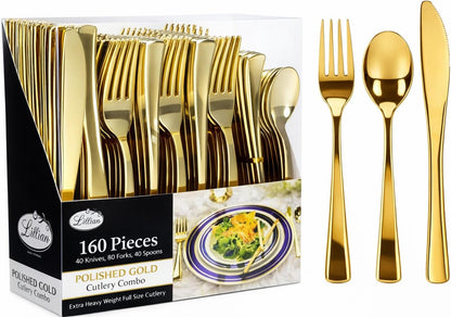 Plastic Cutlery Silverware Extra Heavyweight Disposable Flatware, Full Size Cutlery Combo, Polished Silver, 80 Forks, 40 Spoons, 40 Knifes, Value Pack 160 Count