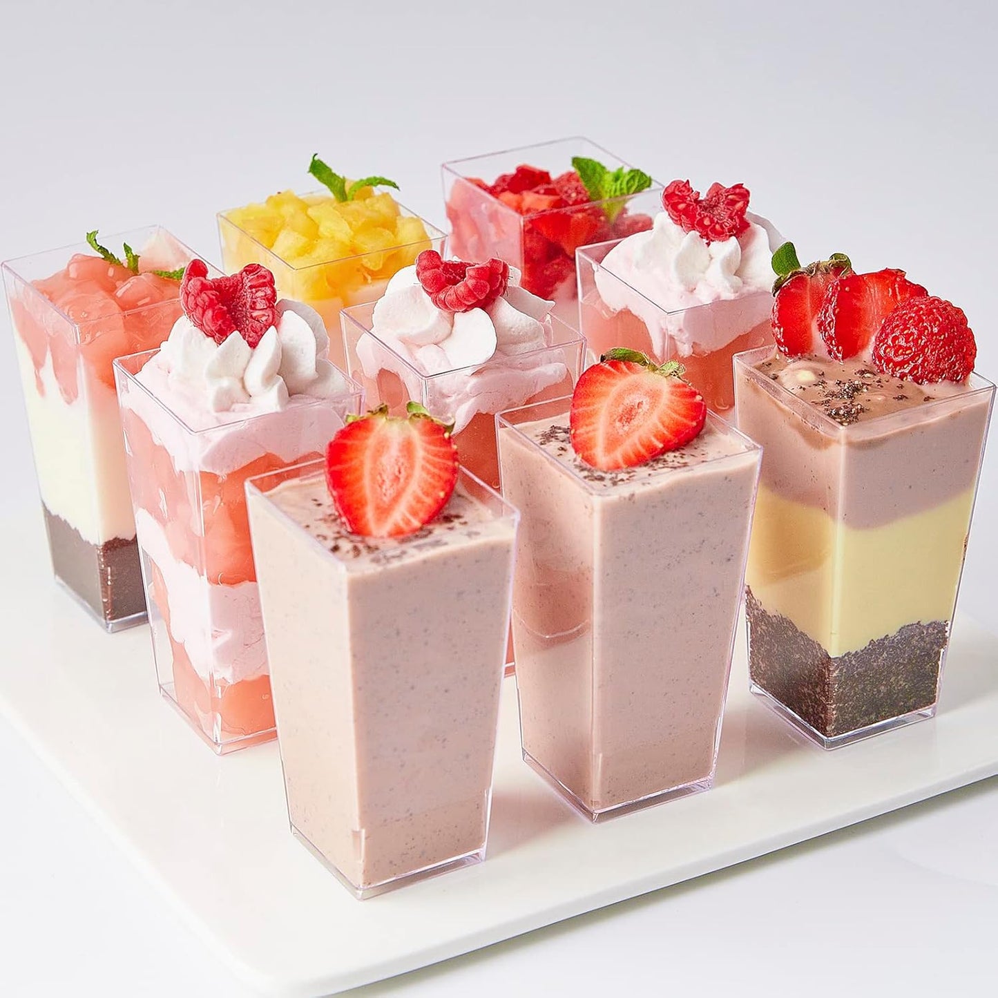 TOFLEN 50 Pack 3 oz Square Mini Dessert Cups with Spoons Clear Plastic Dessert Shooter Cups for for Party, Yogurt, Parfait, Cheesecake, Pudding, Jello and Appetizers